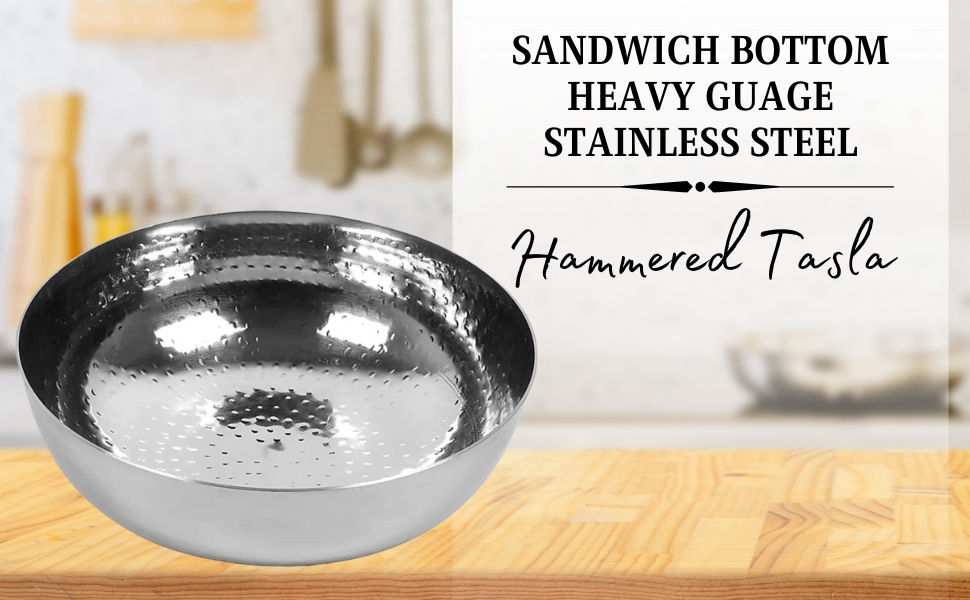 KC Sandwich Bottom Heavy Guage Stainless Steel Hammered Tasla, zonder handvat Kadhai Cookware(1500 ML)