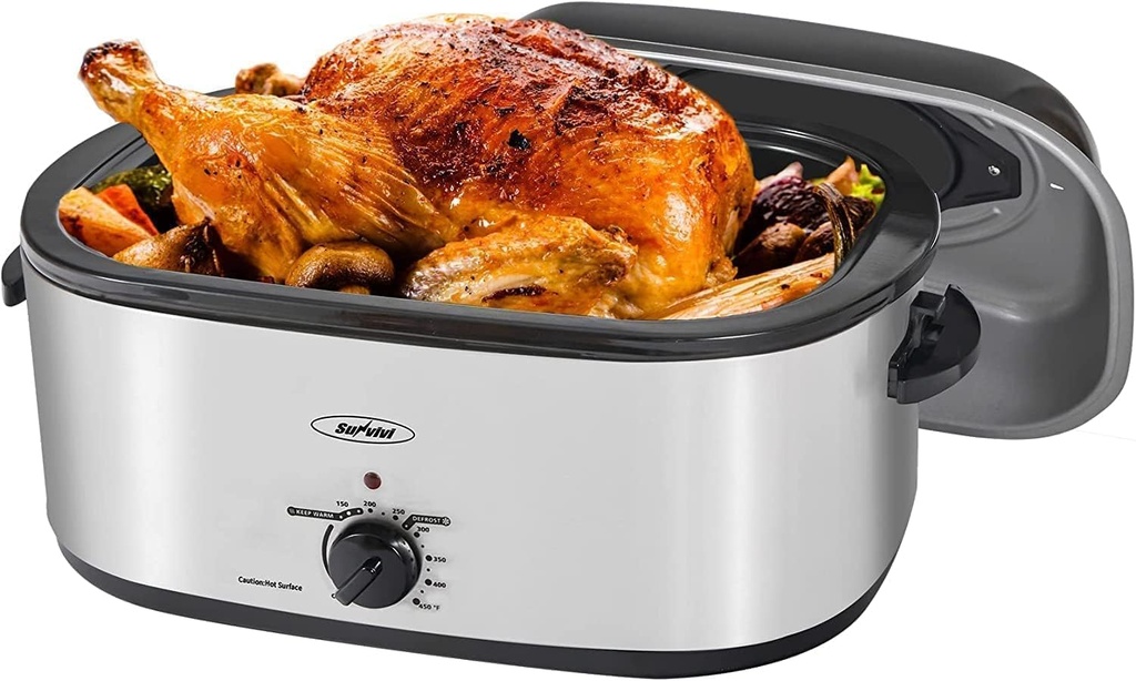 Sunvivi Electric Roaster,20 Quart Roasting Oven with Self-Basting Lid Removable Pan,Turkey Roaster Oven with 150 to 450F Temperature Control Cool-Touch Handles,Silver