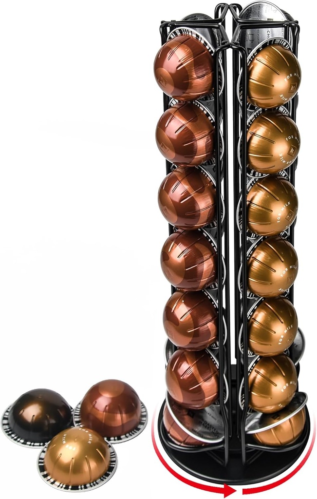Space-Saving Coffee Pod Carousel – 360° Rotating Organizer Stand for 28 Pods, Compact Design, Matte Black