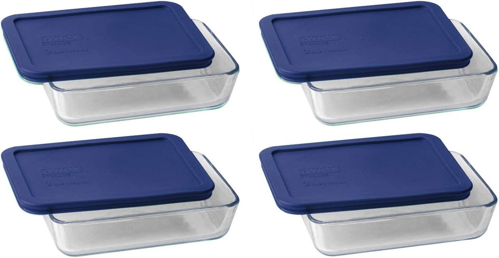 Pyrex 7210 3-Cup Glass Dish & 7210-PC Dark Blue Lid (4-Pack) - Made in USA