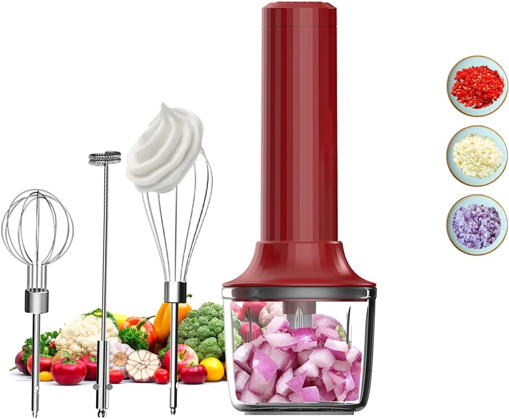 4-in-1 Electric Hand Mixer, Electric Whisk, Mini Onion Chopper 10Oz, Small Cordless Hand Blender, Milk Frother Wand for Coffee, Matcha, 4 Speed Rechargeable Food Processor for Baby Food Maker