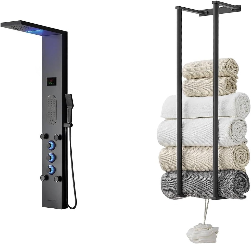BWE LED Shower Panel,Black Rainfall Shower Panel Tower System,Stainless Steel Shower Tower Bundle with Tower Racks for Bathroom,Wall Mounted Bathroom Towel Storage,304 Stainless Steel Tower Holder