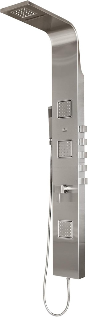 Waimea ShowerSpa Panel with 4" Square Rain Shower Head & 6" Cascading Waterfall Showerhead -Brushed Stainless Steel Finish, 2.5GPM - Waterfall & Rainfall Shower Heads, Powerful Handshower, 3 Body Jets