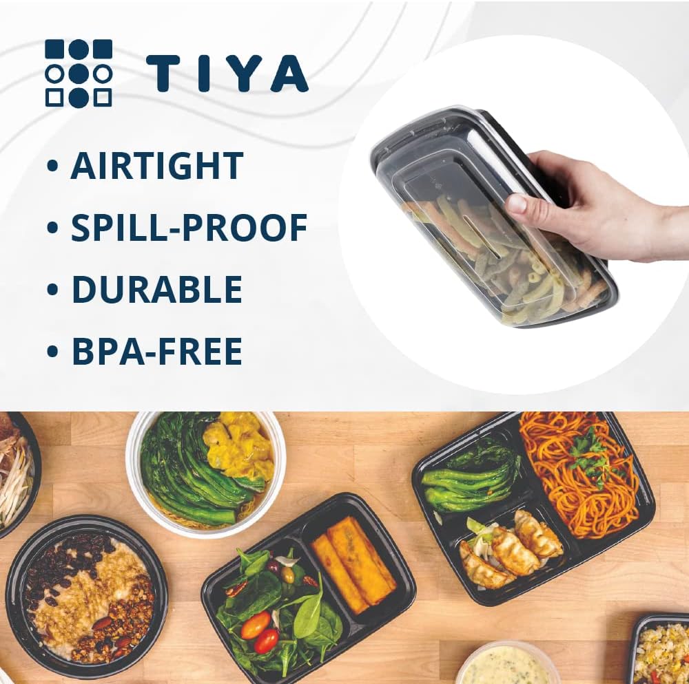 TIYA Containers - 48 oz Bulk 150 Pack with Lids - Rectangular Plastic To-Go Containers - Reusable, Microwavable, Dishwasher Safe - Leak-Proof for Meal Prep - BPA-Free