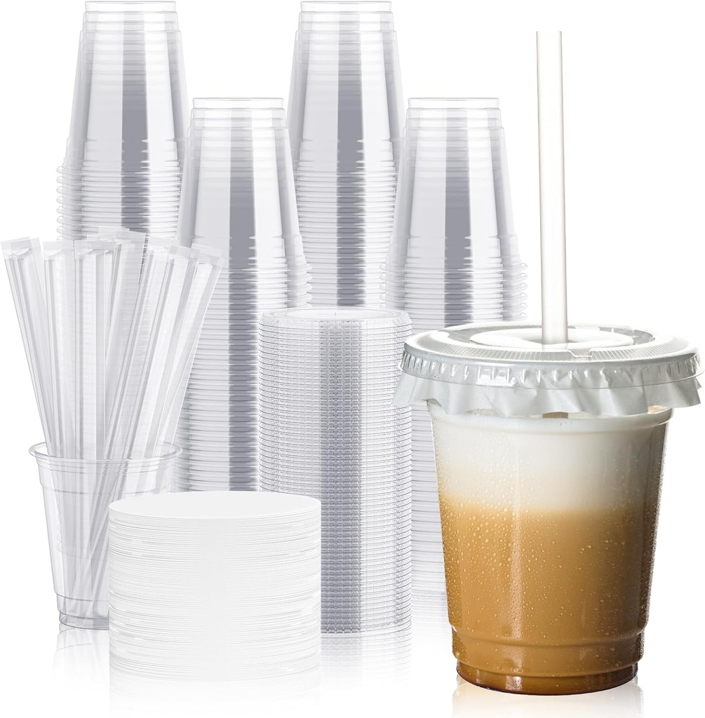 JOLLY CHEF 100 Pack 12 oz Clear Plastic Cups with Lids and Straws, Disposable Iced Coffee Cups with Lids for Smoothies, Milkshakes, Cold Drinks, Includes Paper Lid Liners