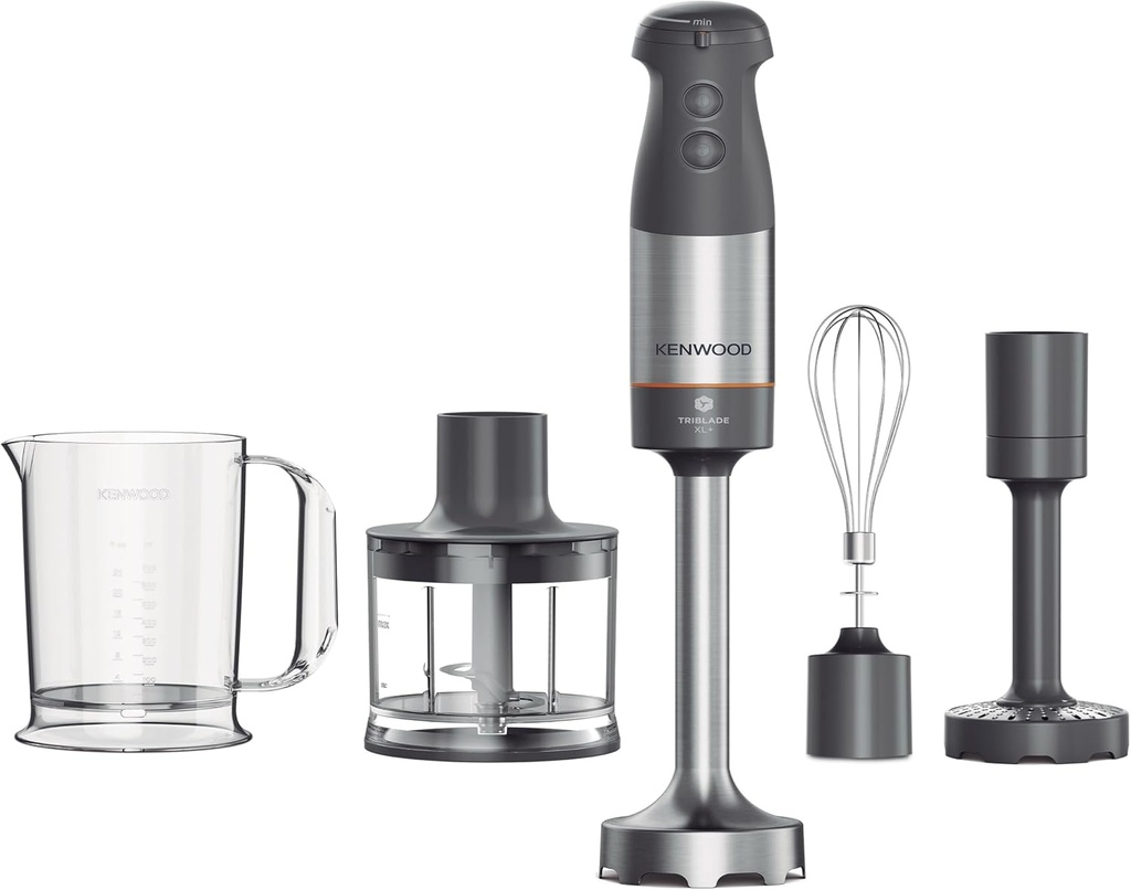 Kenwood Triblade XL HBM60.307GY Hand Blender incl. Whisk, Measuring Cup, Potato Press and Mixer, SureGrip Technology, Variable Speed, 1000W Motor