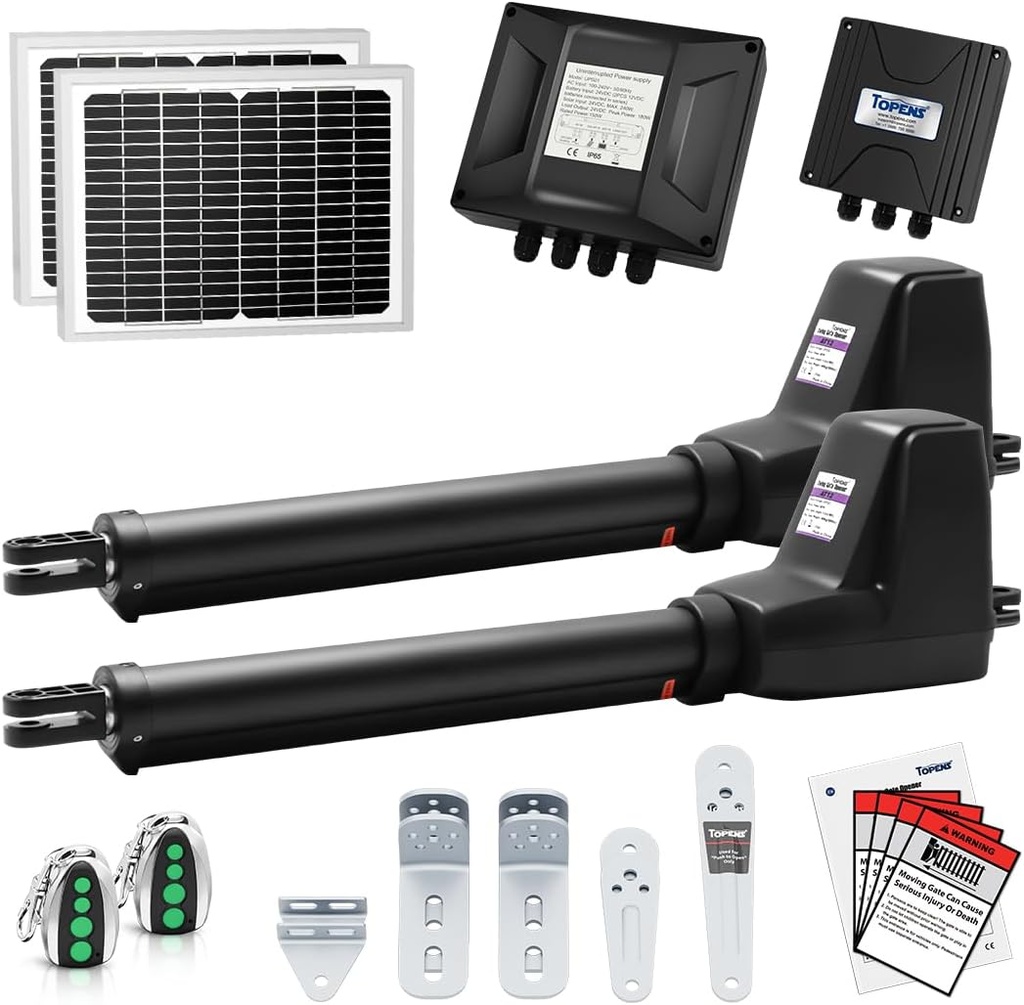 TOPENS AT12132S Solar Dual Swing Gate Opener Heavy Duty Automatic Gate Motor for Double Swing Gates Up to 18ft per Arm, Electric Driveway Gate Operator AC Powered with Solar Panel Remote Control Kit