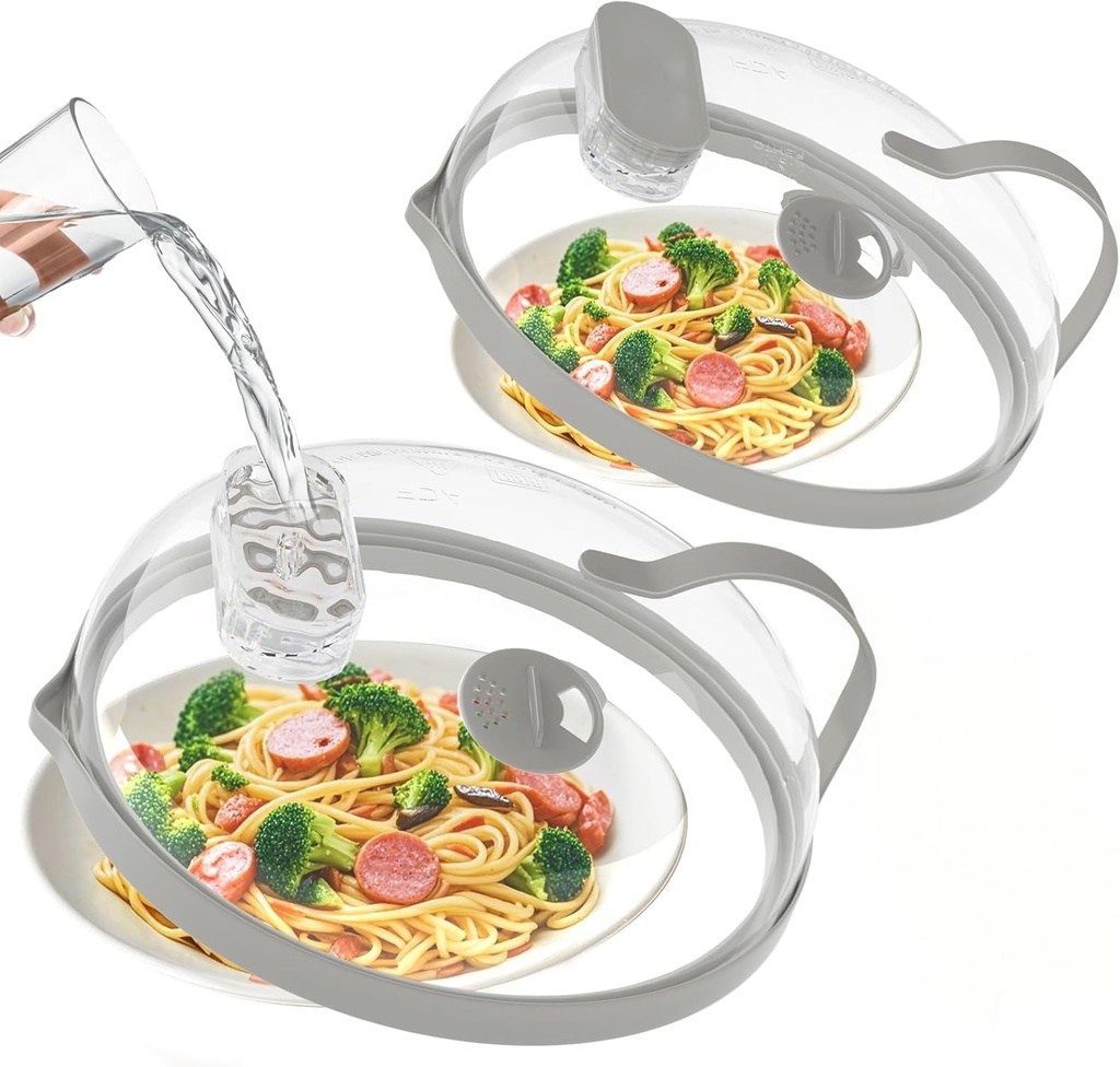 Microwave Splatter Cover with Water Steamer for Food - 10 Inch Steam Microwave Splatter Guard with Handle Plate Covers for Heating Food Splash Oven Lid with Built in Steamer-2PAC