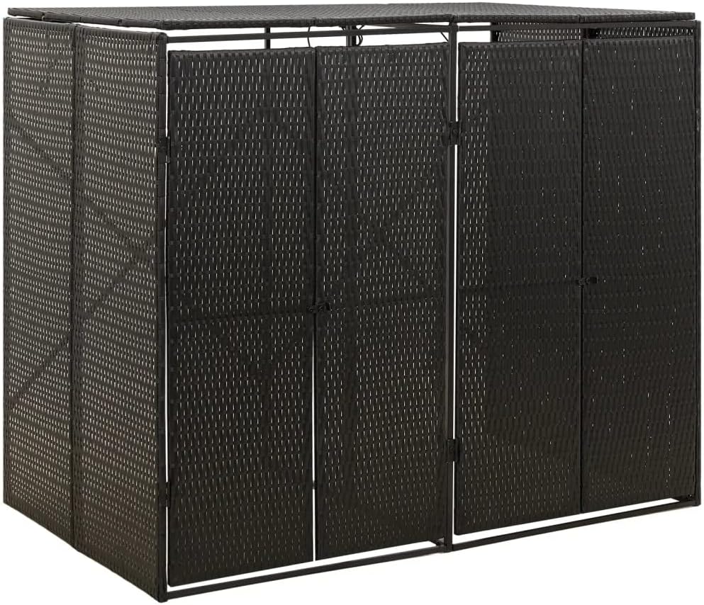 vidaXL Poly Rattan Double Wheelie Bin Shed - Durable, Weather Resistant, Easy Access Lid, Lockable Front Door - Garden Accessory, Black