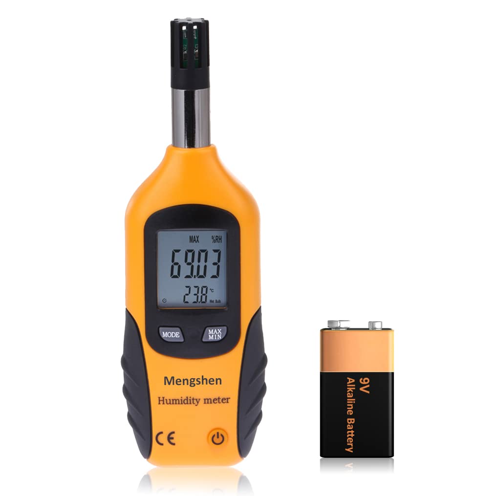 Mengshen Digital Psychrometer - Handheld Temperature and Humidity Meter Gauge with Dew Point and Wet Bulb Temperature - Battery Included