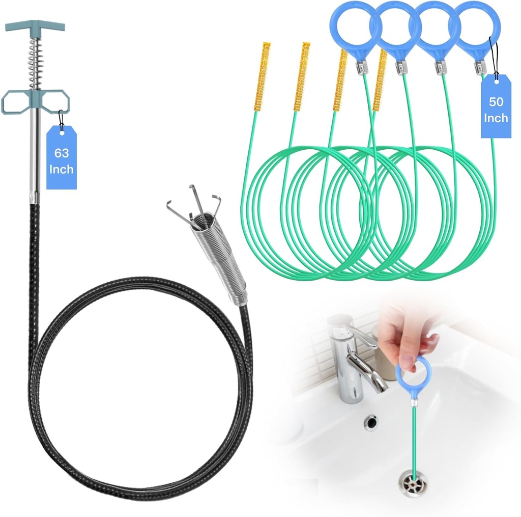 63 Inch Drain Clog Remover Tool + 4X50 Inch Drain Snake Hair Remover, Flexible Metal Sink Snakes for Shower/Bathtub/Kitchen Sink/Toilet Drains, Easy to Use