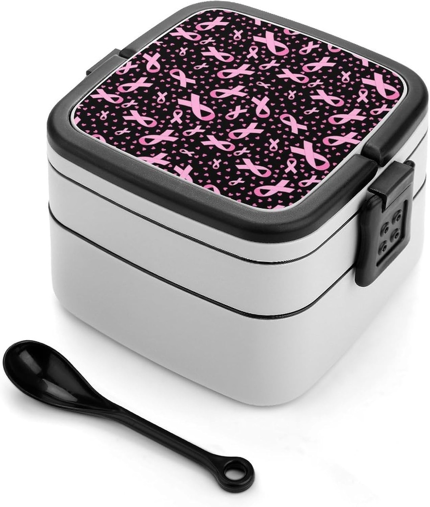 Breast Cancer Awareness Pink Ribbon Double Layer Bento Box Lunch Box with Spoon Reusable Bento Case Leak-Proof Food Containers for Work Picnic Camping