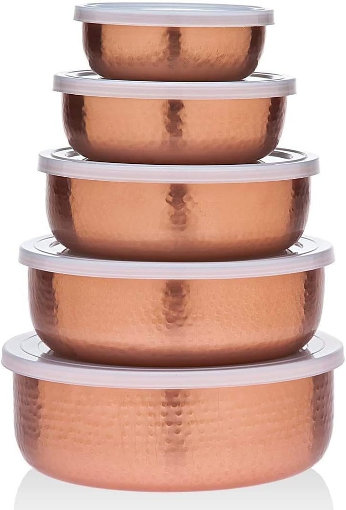 Godinger 5 Piece Hammered Copper Plated Stackable Storage Bowl Set with airtight Lids