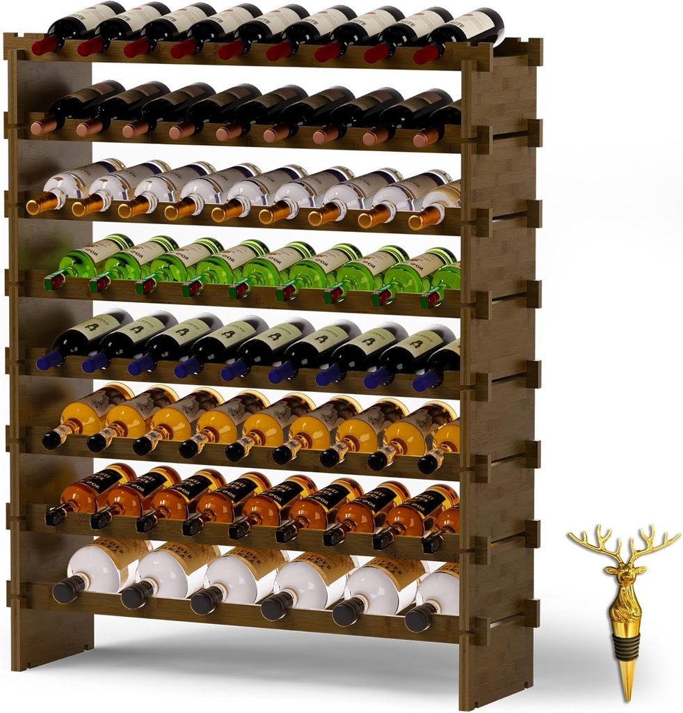 Wine Rack Freestanding Floor, Bamboo 8-Tier 69 Wine Bottle Holder Racks Countertop Cabinet Display, Wooden Stackable Modular Wine Storage Organizer Shelves for Kitchen Bar Cellar Dining Room Walnut