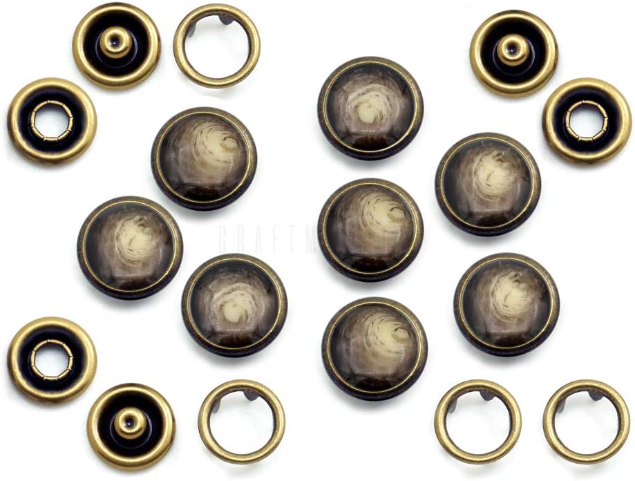 CRAFTMEMORE 20 Sets 12mm Pearl Snaps Fasteners Pearl-Like Prong Snap Button for Western Shirt Clothes Popper Studs - Antique Brass Rim Setting (12 mm, Brown Stone)
