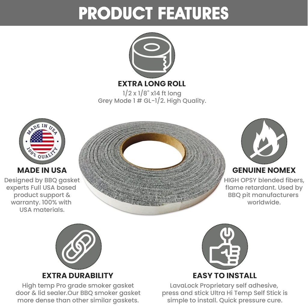 1/2" x 1/8" LavaLock High Temp BBQ Gasket Smoker Seal for Nomex Door Lid, Self Stick Grey