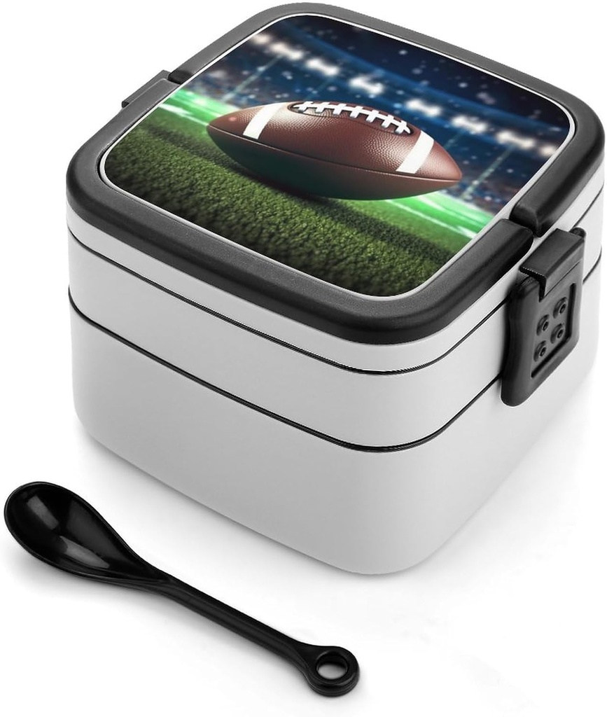 American Football Bento Box Adult Lunch Box All-in-One Lunch Containers with Removable Compartments Double Layer Bento Lunch Box with Spoon And Handle Stackable Lunchbox