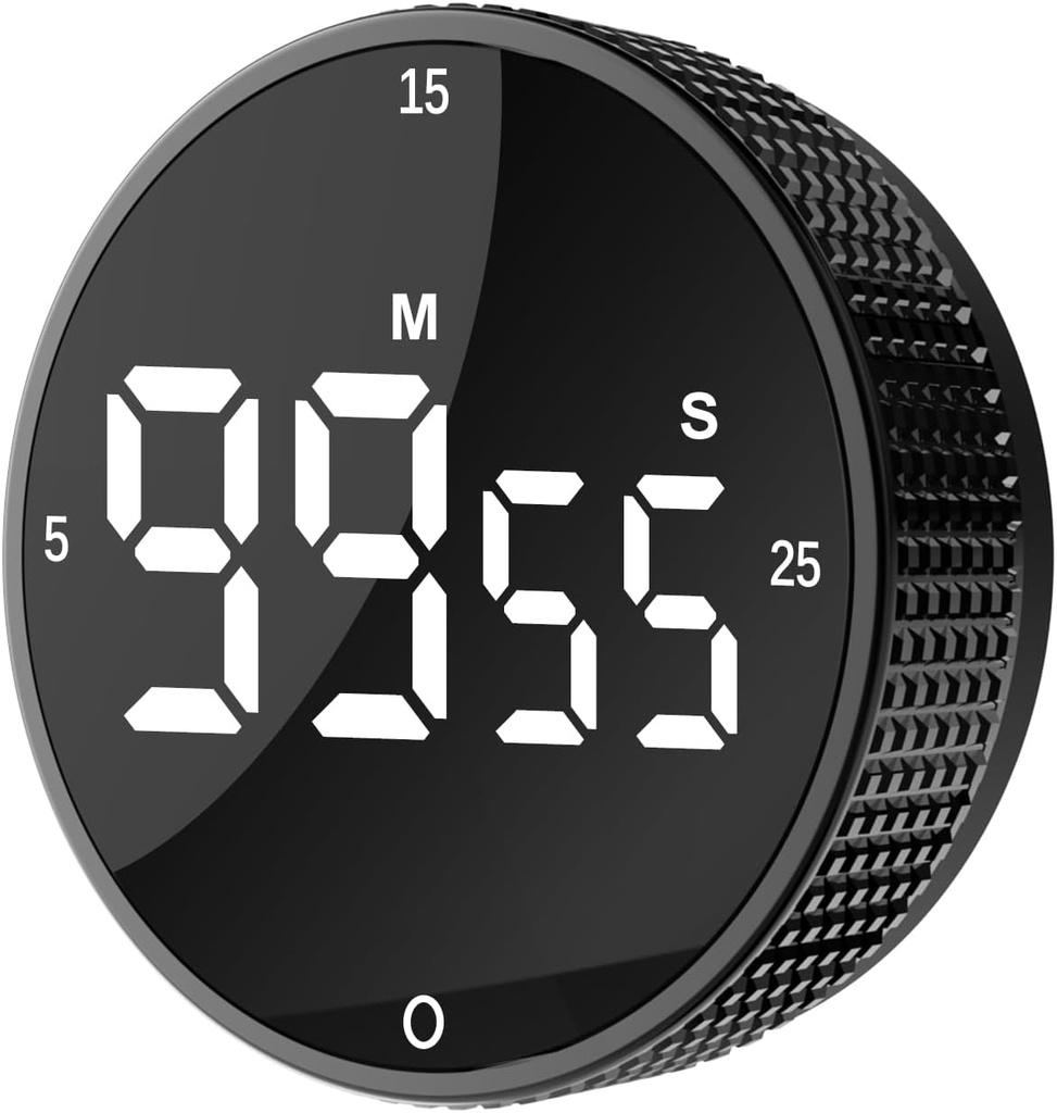 Upgrade Digital Kitchen Timer - Magnetic Countdown Countup Visual Pomodoro Timer with Large LED Display, 3-Preset Times (5, 15, 25), 3 Volume Levels, Ideal for Cooking, Baking and Fitness (1, Black)