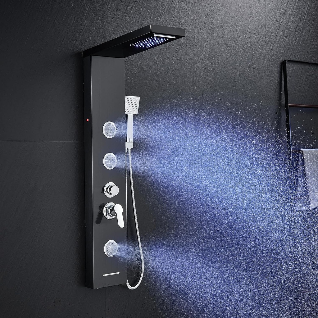ROVATE LED Shower Panel Tower System with Rainfall Waterfall Shower, Black Shower Tower with Jets and Rainfall and Handheld, 5 in 1 Stainless Steel Shower Column High Pressure with Tub Spout
