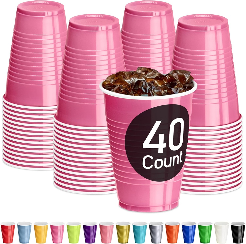 DecorRack Pink Plastic Cups, 12 oz Disposable Cups, Reusable Party Supplies (40 Count)
