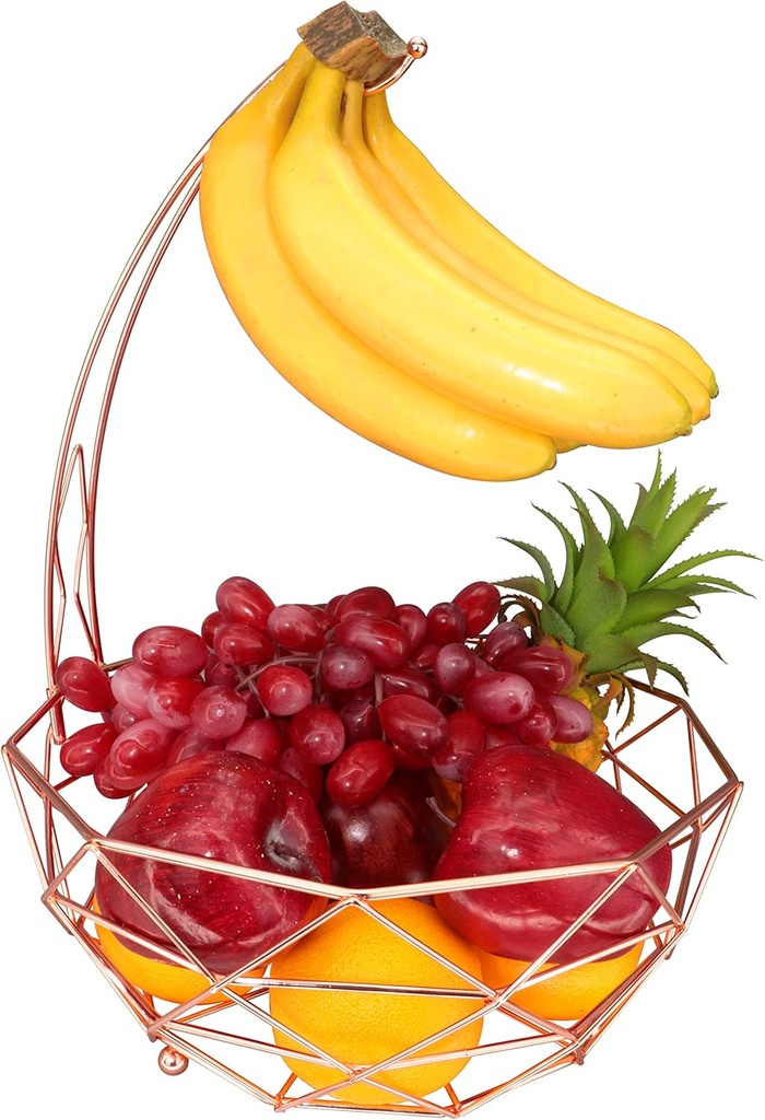 ROSYLINE fruit basket with banana hanger, fruit bowl, multi-functional kitchen and living room storage fruit and vegetable basket, banana hanger can be dismantled (rose gold)
