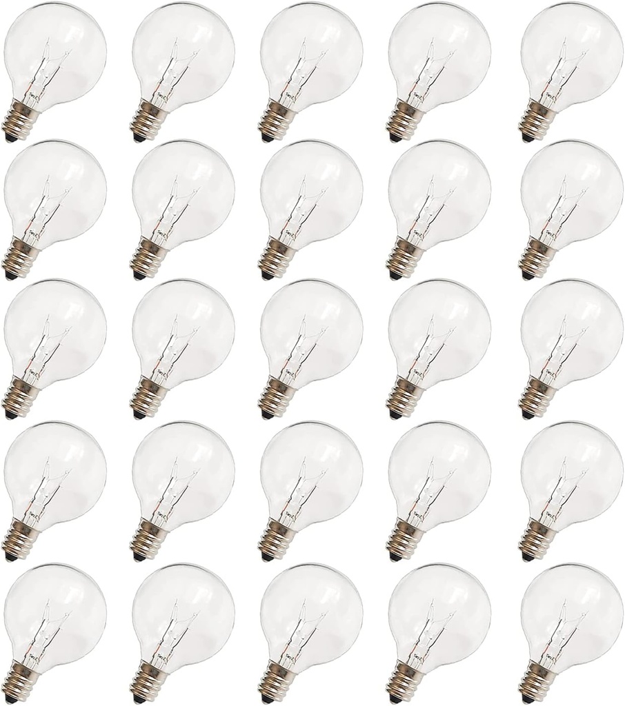 G40 Replacement Light Bulbs, 120V 5W Clear Globe Bulb, E12 C7 Candelabra Base, 1.5 Inch Glass Incandescent Bulbs for Indoor Outdoor Patio String Lights, Warm White -25 Pack