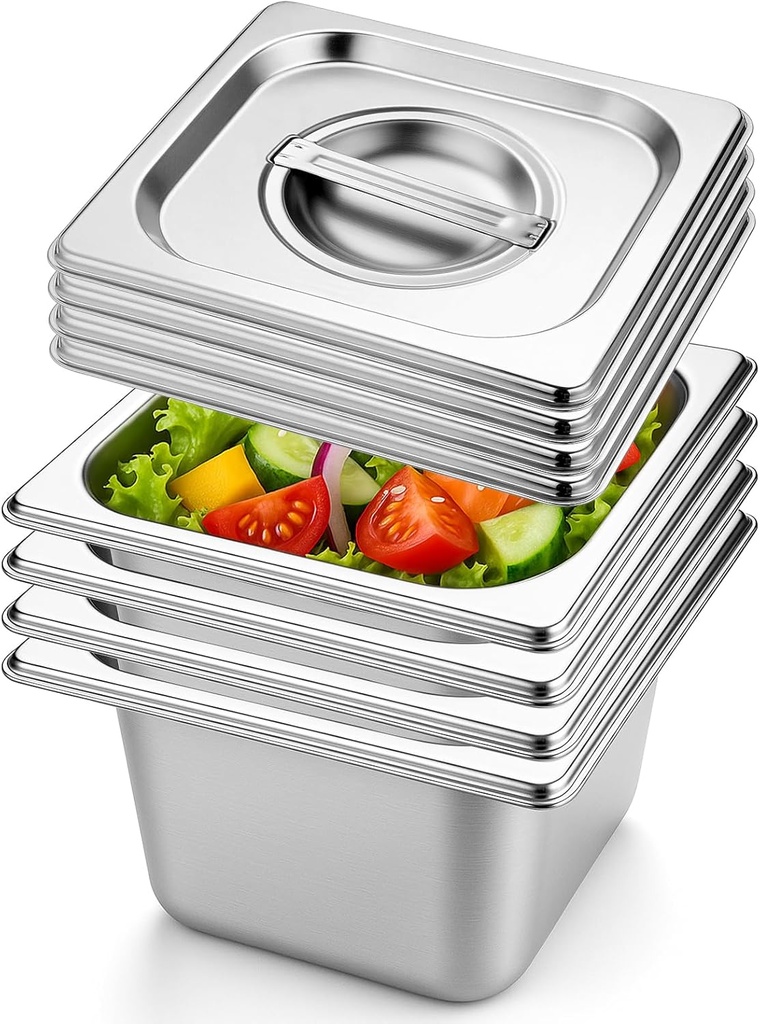 Hotel Pans 1/6 Size Steam Table Pan With Lid 4" Deep - 4 Packs Stainless Steel Food Pan Commercial Food Storage Containers Buffet Catering Tray Party Catering Supplies