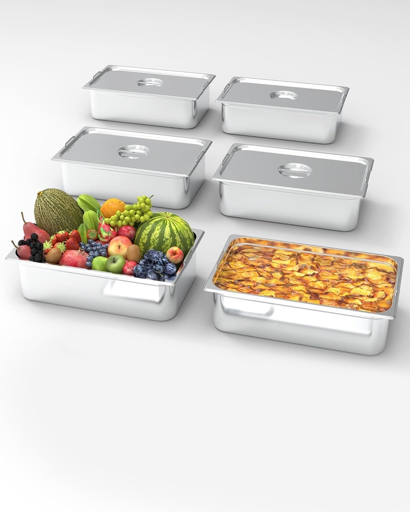 6 Pack Hotel Pans,6" Deep Full Size Steam Table Pans,Full Size Food Pan,Half Size Hotel Pans[NSF Certified],Catering Food Pan Commercial Stainless Steel,Handle + No Lid