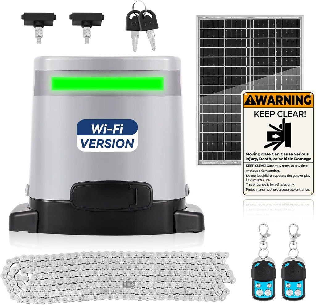 1300lbs Solar Sliding Gate Opener Chain Drive with Built-in Backup Battery, WiFi Remote Control, Automatic Gate Motor for Heavy Driveway Slide Gates, Off-Grid Operation with Solar Panel