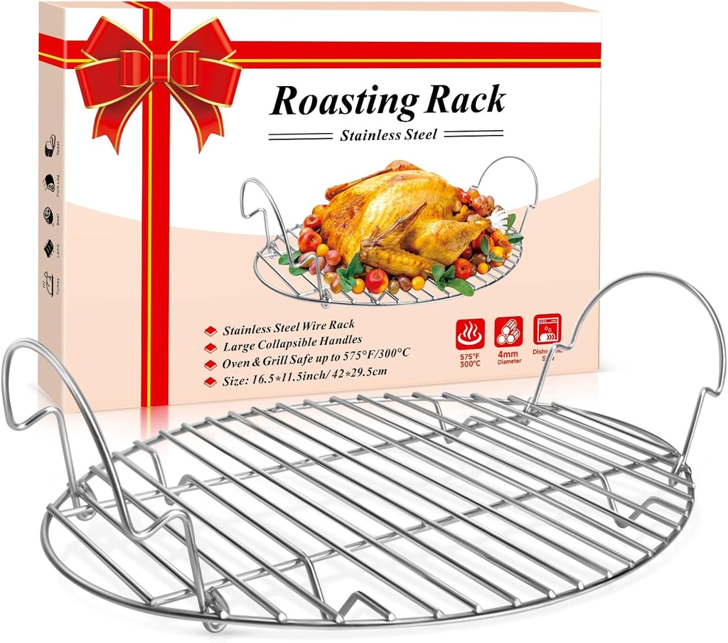 16.5inch Oval Roasting Rack for Oven, Thanksgiving Christmas Gifts for Mom Men Wife Cooking Home Chefs, Stainless Steel Cooling Rack with Handle, Wire Rack for Cooking, Grilling, Drying