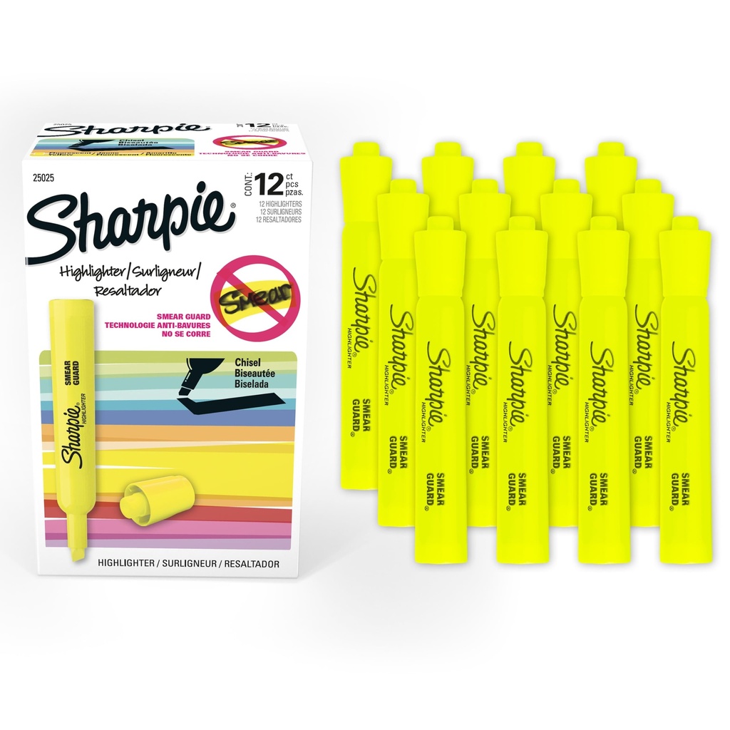 Sharpie Tank Highlighters, Beiteltip, Fluorescerend Geel, 12 Tellen