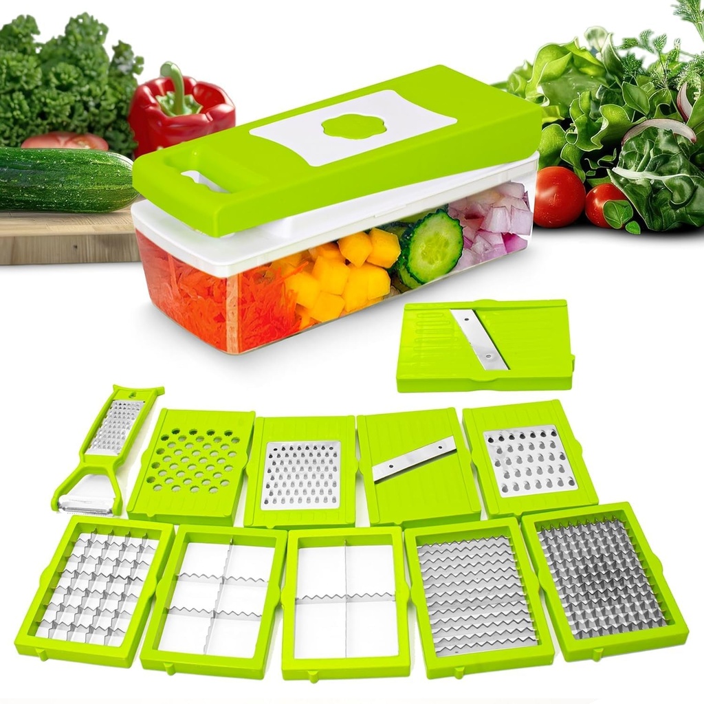 TEKCOOL 12 in 1 Multipurpose Chopper, Fruit & Plantensnijders, Grater Peeler Chipser, Onbreekbaar Eten Graad Lichaam, Gemakkelijk duwen naar Clean Button Slicer Dicer, Chopper voor keuken