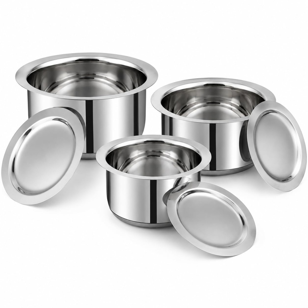 Ensemble de tope en acier inoxydable Vinod avec couvercle, 3 pièces, 1L 1.4L 1.8L, fond de sandwich lourd, induction et gaz compatibles, lave-vaisselle Safe Stackable Patila Cookware Set pour les besoins d'ébullition et de cuisson quotidiens
