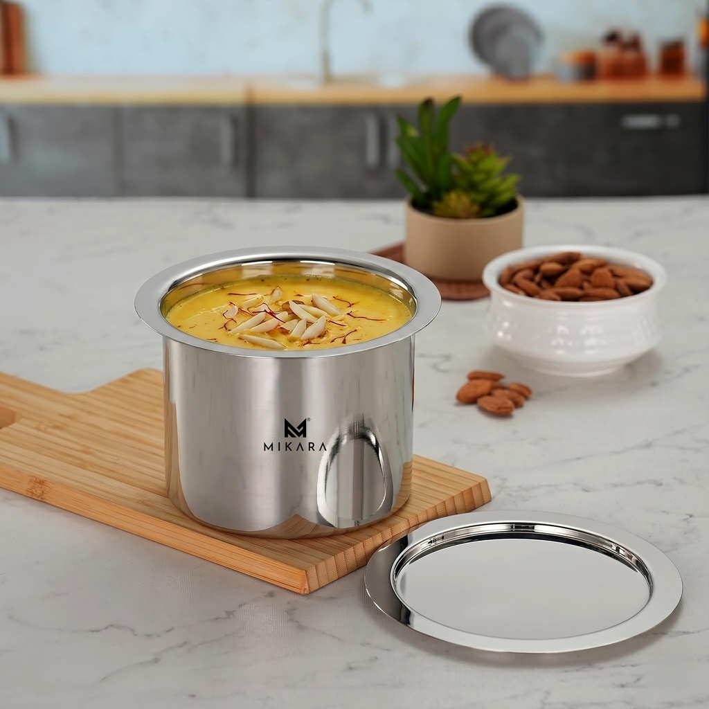 MIKARA Stainless Steel Tope with Lid | Flat Bottom Patila | Heavy Duty Kitchen Cookware| for Gas & Induction Use| Strong, Durable & Multipurpose Cookware. Space Saving (750 ml)