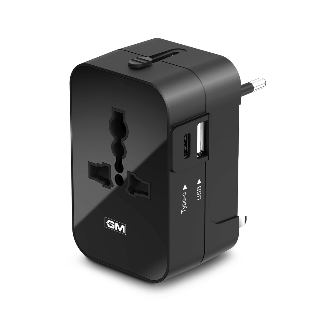 GM 3064 Universal Travel Adapter met 240V Power Output, USB Type C (3.1A) & Type A (2.1A) Ports, LED Indicator - International Charger for 150+ Countries (US, UK, EU, AUS) - Black
