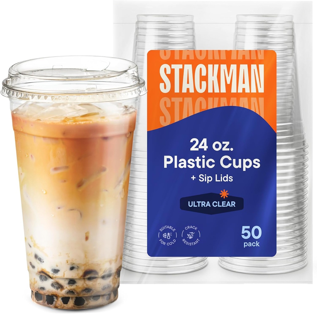 24 oz Clear Plastic Cups with Strawless Sip-Lids [50 Sets] PET Crystal Clear Disposable 16oz Plastic Cups with Lids - Crystal Clear, Durable Cup - BPA Free + Crack Resistant, for Coffee, Juice, Shakes