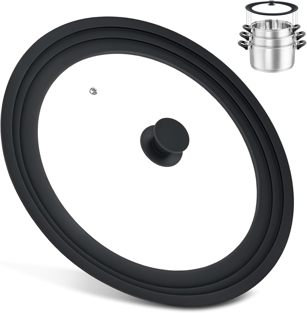 Extra Large Universal Lid Fits 13", 14", 15" Cookware - Silicone Replacement Pan Lid for Pots, Pans, and Skillets - Tempered Glass Pot Lid Cover for Frying Pans, Cast Iron, CrockPot