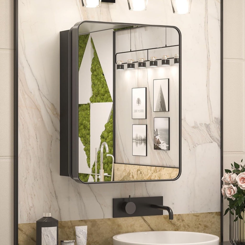 Keonjinn 20 x 26 Inch Black Recessed Medicine Cabinets, Bathroom Mirrored Medicine Cabinet, Gloss Black Stainless Steel Framed, Adjustable Shelves, in Wall or Surface Mount, Sturdy & Heavy, Farmhouse