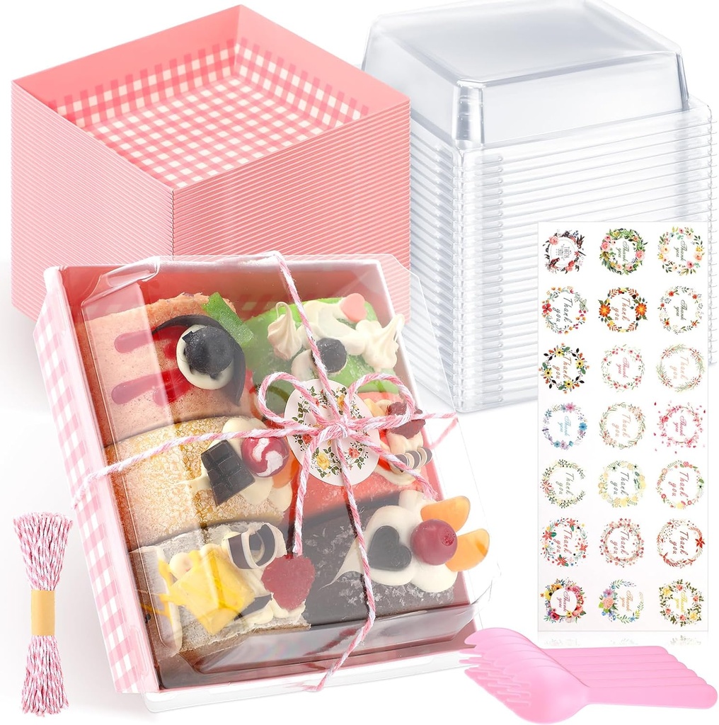 50 Pcs Small Charcuterie Boxes with Clear Lids Dessert Boxes Treat Cupcake Cake Slice Container Take Away Paper Disposable Food Containers for Sandwich Cookies (Pink,Classic)