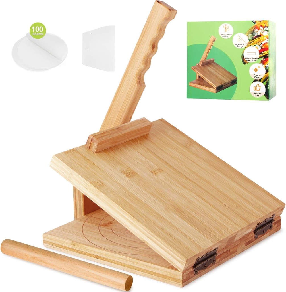 Tortilla Press 10 Inch Tortilla Maker Large Roti Maker with Rolling Pin+Dough Scraper+Parchment Paper Bamboo Wood Tortilla Press for Homemade Tortilla, Roti,Taco,Dough Press