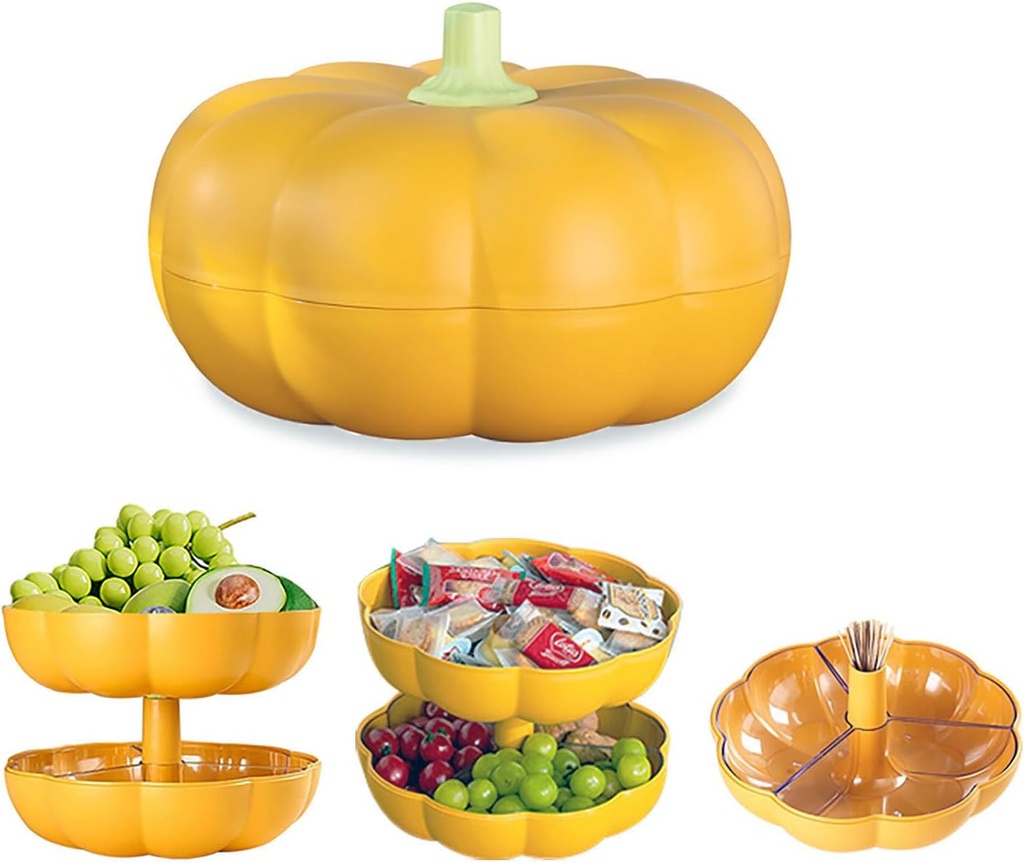 Big Pumpkin Snack Holder with Lid, Double Layer Serving Container with 3 Divided Compartments, Candy Fruit Nut Tray, Snack Bowl (Orange)