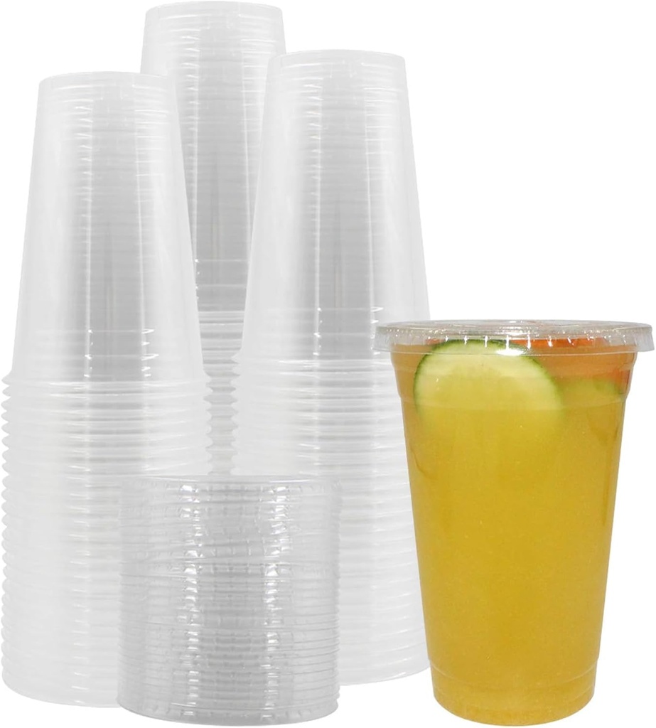 100 Sets 24 oz. Plastic CRYSTAL CLEAR Cups with Flat Lids for Cold Drinks, Iced Coffee, Bubble Boba, Tea, Smoothie etc.
