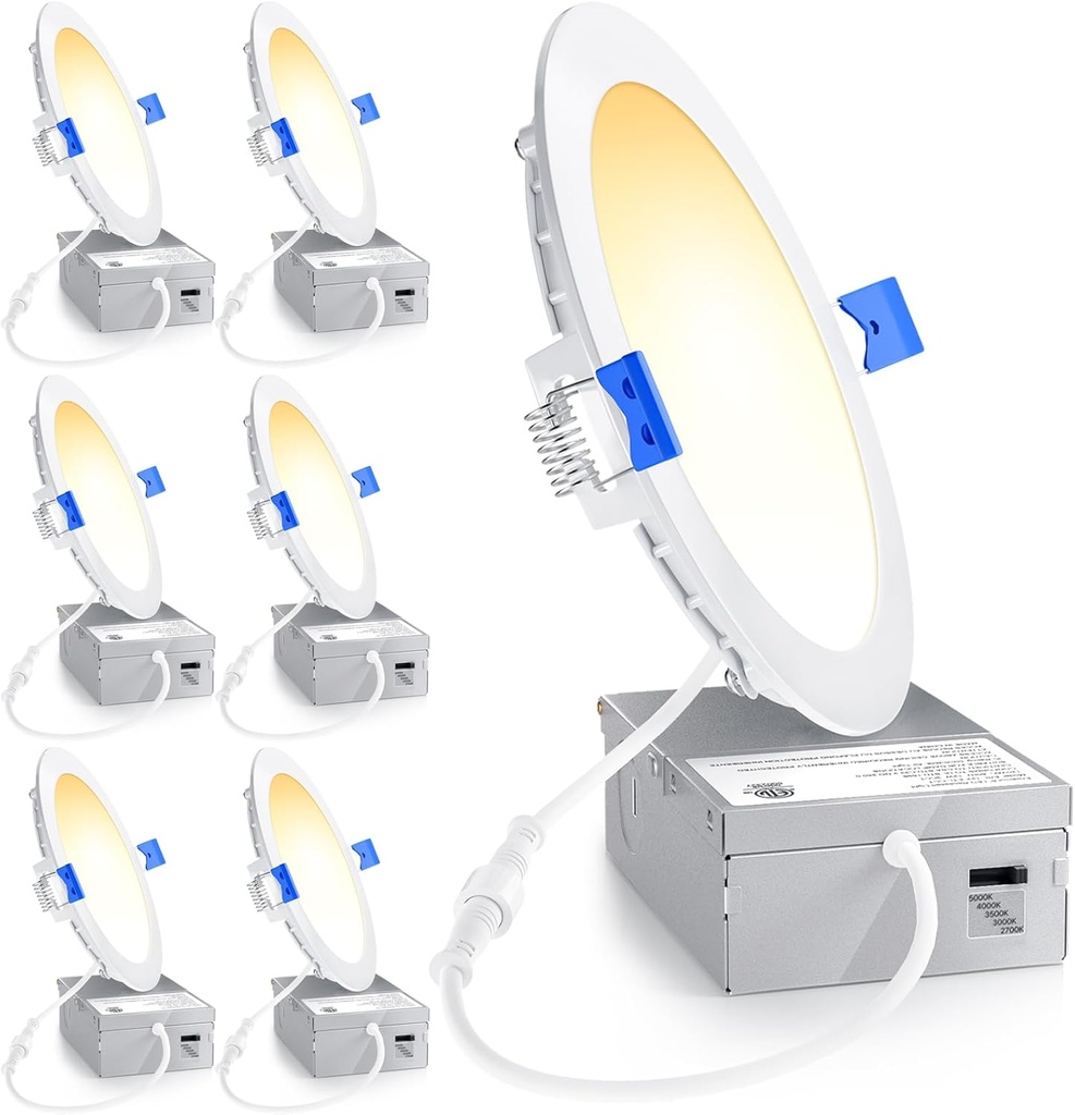 Ensenior 6 Pack 6 Inch LED Recessed Light, Dimmable, 2700K-5000K 5CCT, 1050LM High Brightness, 12W 120V, Damp Rated, Ultra-Thin Canless Wafer Ceiling Light - ETL & FCC & IC