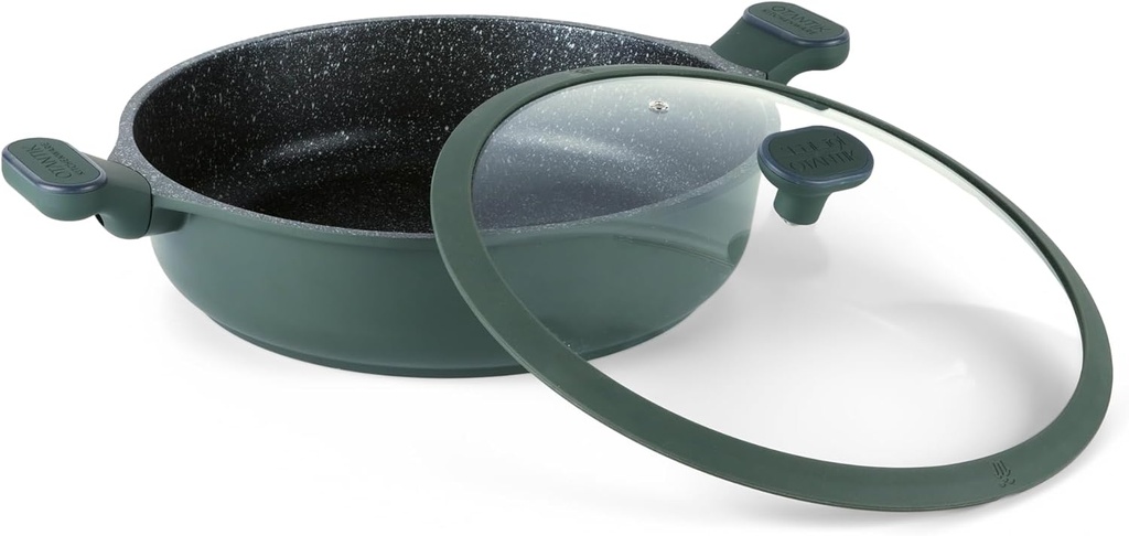 Otantik Non-Stick 12.5" Saute Pan with Lid Cast Aluminum - Chicken Fryer- Ceramic Marble Coating - Cool Handles - PTFE & PFOA Free - Compatible with All Stovetops (Green)