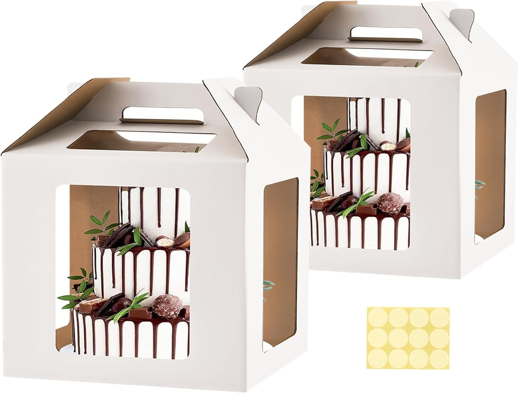 XININSUN Tall Cake Boxes for Tier Cakes 14x14x14 Inch Tall Cake Carrier with 6 Windows,Large Tierd Cake Take Out Transport Containers with Handle for Wedding, Birthday, Party-2Pack