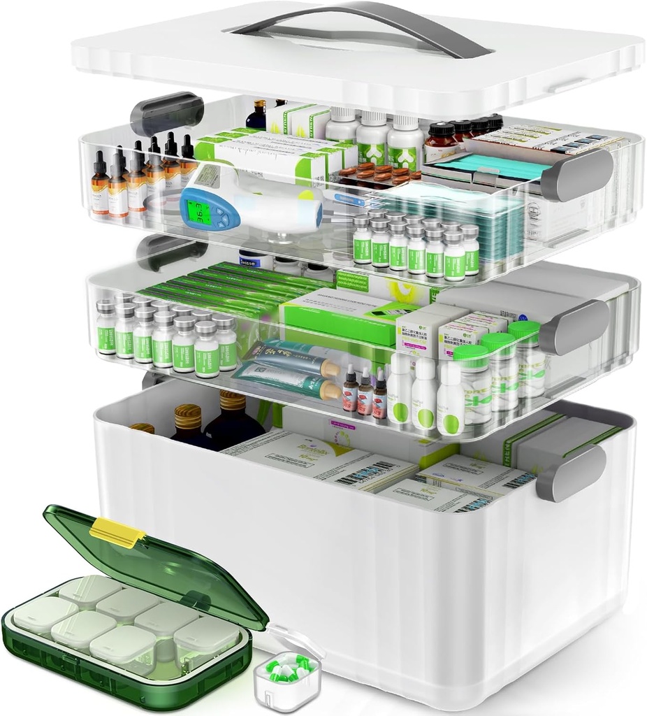 3-Tier Medicine Organizer - Portable Medicine Cabinet with Plastic Handle, Multipurpose Medical Box with Pill Box, Empty First Aid Kit for Home