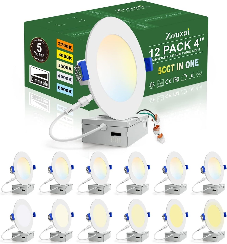 zouzai 12 Pack 4 Inch 5CCT Ultra-Thin LED Recessed Ceiling Light with Junction Box, 2700K/3000K/3500K/4000K/5000K Selectable, 9W Eqv 80W, Dimmable, led can Lights - ETL and Energy Star Certified