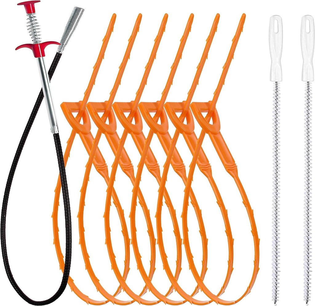 9-Piece Drain Clog Remover Kit - 35.5" Metal Clog Remover, 6x25" Drain Snake Hair Removal Tools, 2x18" Flexible Cleaning Brushes for Bathroom, Kitchen Sink, Shower, Toilet & Tub Drain Cleaning