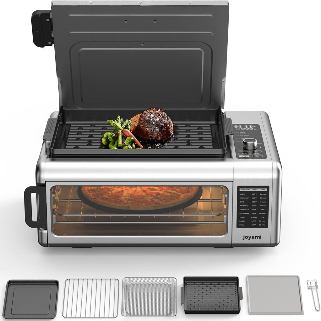 JOYAMI Air Fry Countertop Oven, 18QT 1600W Convection Oven and Indoor Grill Combo with See-Through Window for Air Fry, Bake, Dehydrate, Toast, 6 Nonstick Accessories