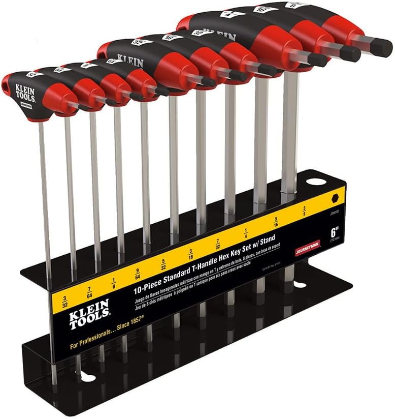 Klein Tools JTH610E T-Handle Hex Key Set, SAE Inch Sizes Allen Wrench Set with 6-Inch Blades, Stand Included, 10-Piece